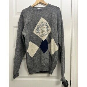 London Fog Shetland Wool Men Sz L Sweater Gray Argyle Embroidered Academia Rare